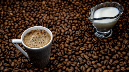 
a cup of coffee among roasted coffee beans