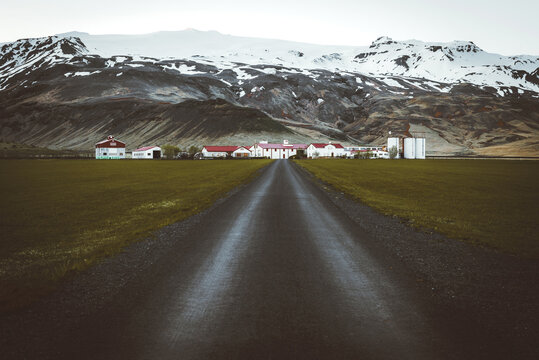 Mountain road towards volcano in Iceland.