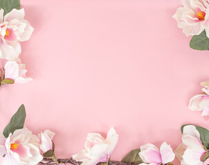 Magnolia branch on a pink background. postcard March 8, mother's day, happy birthday. space for text.