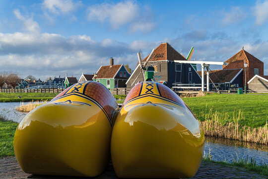 Big yellow wooden shoes at Zaanse Schans