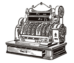 Antique mechanical cash register with open drawer, in three-quarter front view, after engraving from early 20th century