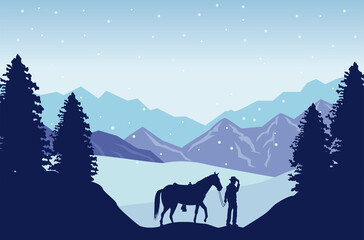 wild west snowscape scene with cowboy and horse