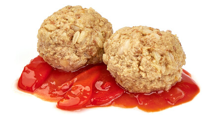 Cooked meatballs in red sauce, isolated on white background