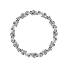 Thorny twigs, decorative spruce branches in a circle. Symmetrical, minimalistic wreath, doodle style. Festive frame with leaves. Floral round border in black. Vector illustration isolated on white