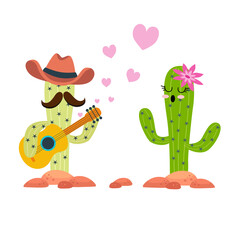 loving cactus with guitar on white