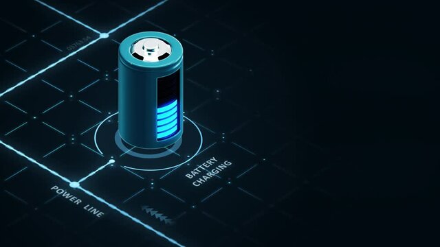 Charging the battery from the power line 3d render concept. Blue digital connecting charging interface with charge indicator symbol animation.
