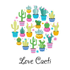 Drawing Cactus Love Cacti in circle on white