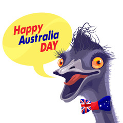 Vector illustration Cheerful ostrich congratulates on Australia Day. Personad head ostrich.