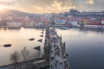 Aerial view of Prague Castle and charles bridge, Prague, Czech Republic.