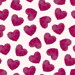 Vector abstract seamless geometric pattern with polygonal hearts. Valentines day background - creative repeatable design. Pink fashion love print