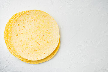 Homemade corn tortillas, on white background, top view flat lay  with copy space for text
