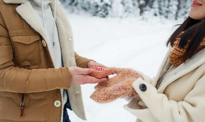 a guy gives a gift to a girl in a snow-covered forest. Surprise for Valentine's Day