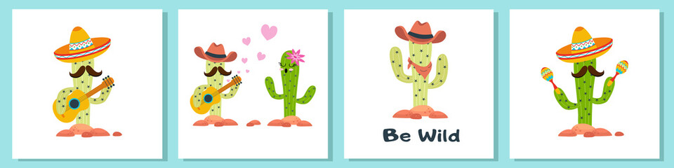 funny cactus with guitar and sombrero on white