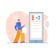 Concept of landing page on delivery service theme, package tracking in mobile application. Cartoon flat design style. Young man, courier with full paper eco bags fast express delivery. Vector