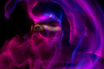 lightpainting portrait, new art direction, , light drawing at long exposure