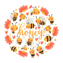 Fototapeta premium Super Cute Cartoon Honey Bees Round Decoration