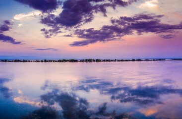 Aerial view of the Ceder Point peninsula at dusk, in Sandusky, Ohio, on the Erie lake.