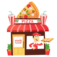 Cartoon Pizza Shop With Delivery Man At the Window