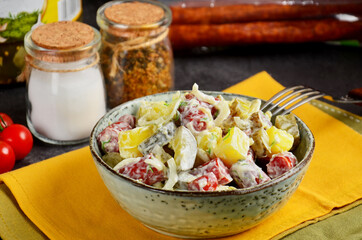 Healthy salad with cheese and tomatoes in the plate