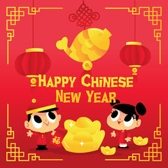 Obraz na płótnie Canvas Super Cute Chinese New Year Kids Giant Gold