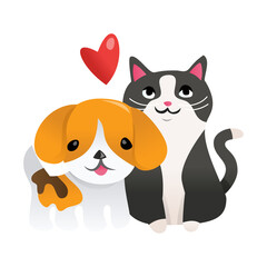 Fototapeta na wymiar Cartoon Puppy Kitten In Love