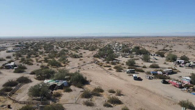 aerial view of Slab City, an unincorporated, off-the-grid squatter community consisting largely of snowbirds in the Salton Trough area of the Sonoran Desert, California, USA. January 16th, 2020