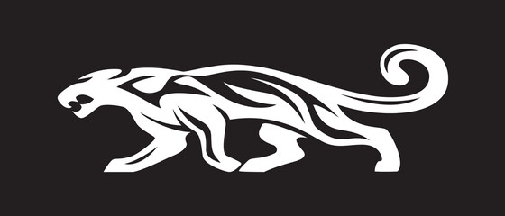 Black silhouette of angry panther. Vector hunting wildcat illustration. Side view of walking predator animal isolated on white background as brand logo, mascot or tattoo