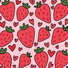 Hand drawn strawberry pattern with red hearts. Seamless pattern with strawberries.