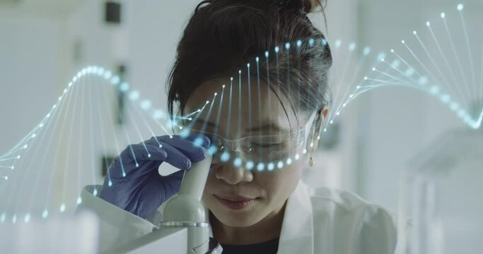 Asian female Laboratory Scientist Conducts DNA Experiment in Science lab looking trough microscope