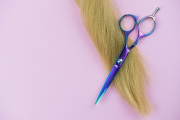 Professional hair dresser tools with copy space on trendy pink background. Stylist equipment set....