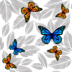 Graphic leaves seamless monochrome pattern with butterflies. vector illustration