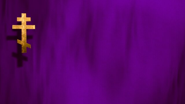 Liturgic purple velvet with golden Christian Russian Orthodox Cross. 3D illustration background for worship live stream church sermon. Concept for Cross of Our Lord, Lent, Great and Holy Thursday.