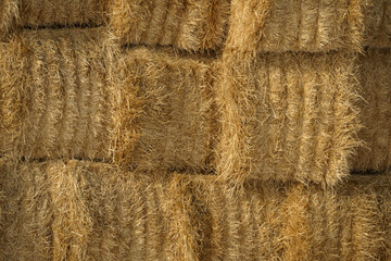 Closeup of Stacked Square Yellow Hay Bales