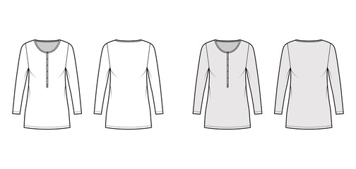 Shirt dress mini technical fashion illustration with henley neck, long sleeves, oversized, Pencil fullness, stretch jersey. Flat apparel template front, back, white, grey color. Women, men CAD mockup