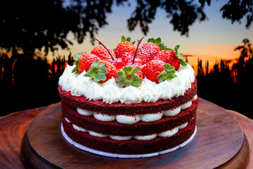 Cake with white chocolate icing, whipped cream and strawberries