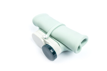 soft water bottle isolated white background. collapsible liquid container. travel equipment