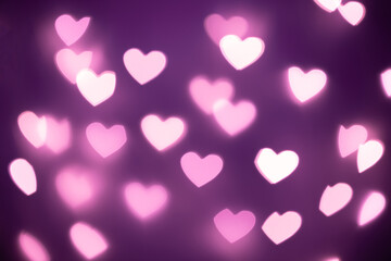 Purple hearts bokeh background. Valentines Day concept. Romantic texture