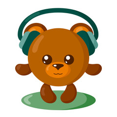 Funny cute kawaii bear with headphones and round body in flat design with shadows. Isolated animal vector illustration	