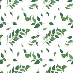 Vector eucalyptus tree branches, greenery leaves, green foliage, seamless pattern. Rustic, natural, floral, watercolor style textile fabric, backdrop, texture, background. Classy, minimalist template