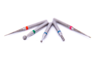 Dental drills in close-up. Equipment in a dental clinic. Tools for the treatment of teeth.