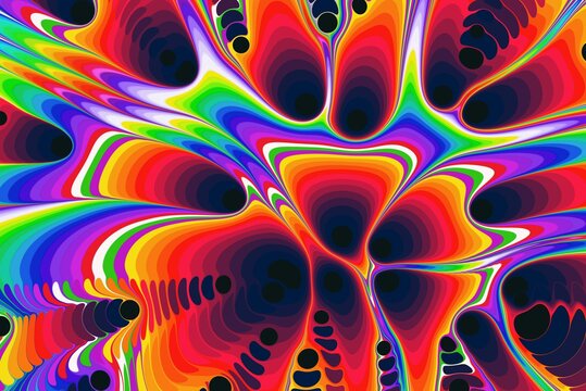 Psychedelic brighly coloured background with merging dark shapes