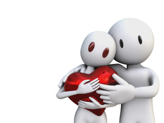 Fototapeta premium 3D HUMAN TOY DOLL RENDER ILLUSTRATION. CLIPPING PATH cute cartoon character clipart isolated white background. Love heart couple sweetheart valentines day concept. Man woman family romantic friendship