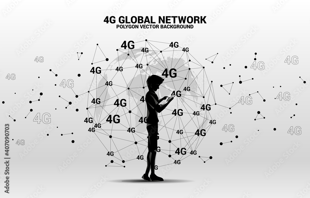 Wall mural Silhouette of man use mobile phone with Polygon dot connect line with 4G around world map globe. Concept for mobile phone data sim card technology.