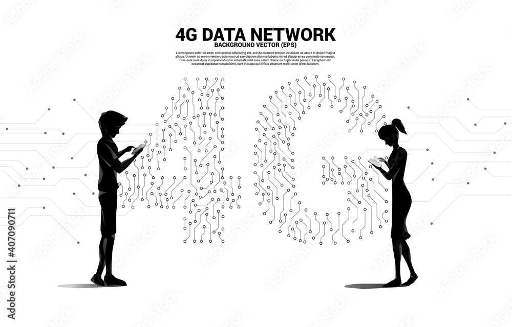 Aufkleber Silhouette of man use mobile phone with 4G dot connect line circuit board style mobile data icon. Concept for data transfer of mobile and wi-fi data network.