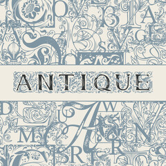 Vector banner for an antique store with an ornate inscription ANTIQUE on an abstract background with initial and capital letters in a vintage style. Suitable for flyer, label, design element