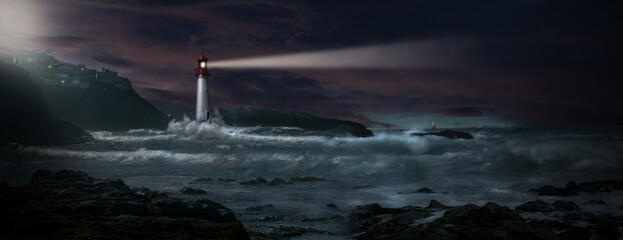 Lighthouse with beacon on coast in stormy thunderstorm weather sea with sailboat on horizon and big waves