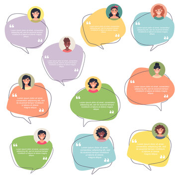 Testimonial Speech bubble concept, collection of female avatars, customer testimonials of information graphics, app and website. Creative testimonial template with different forms. Vector illustration