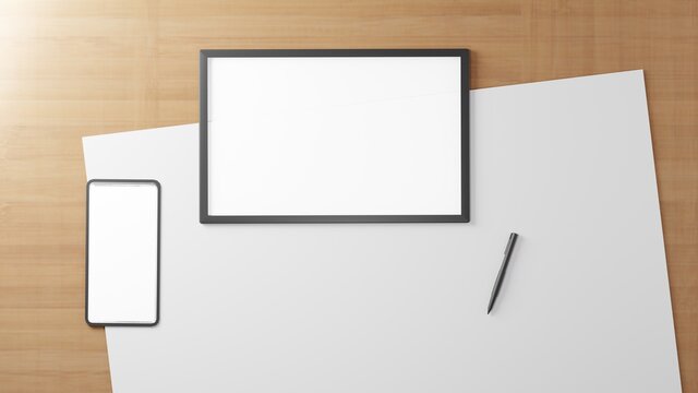 Tablet,paper,and mobile. on white background workspace mock up design illustration. 3D rendering.