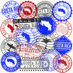 Costa Rica Set of Stamps. Travel Passport Stamps. Made In Product. Design Seals in Old Style Insignia. Icon Clip Art Vector Collection.