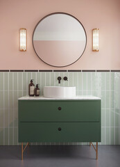 3d render of a modern salmon red bathroom with green cabinet and crystal wall lamps crystal wall lamps and a round mirror